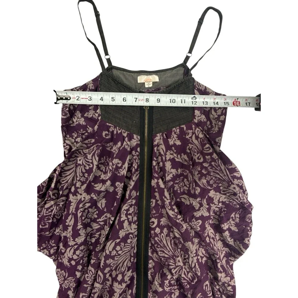 Kaitlyn Purple Floral Handkerchief Hem Cold Shoulder Zip Front Top Size S